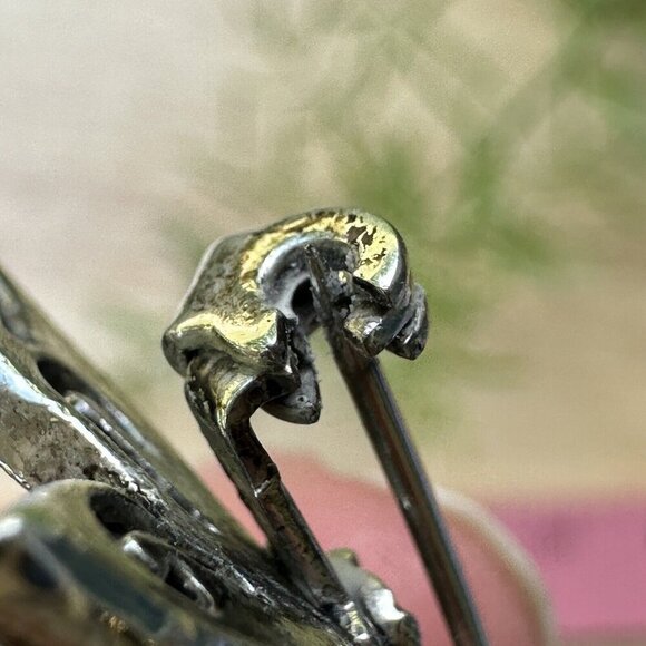 Vintage 1980s Brooch Butterfly‎ Black Onyx Stone Silver Toned Filigree Pin Y2K - Picture 7 of 9